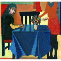 B At the Table-oil and collage on board- 12 x 14"
