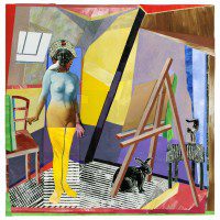 E Black Rabbit-Oil and collage on board-24 x 24"
